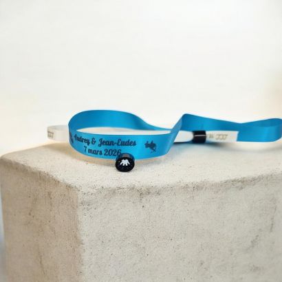 Bracelet satin personnalisé bleu avec prénoms et date pour mariage