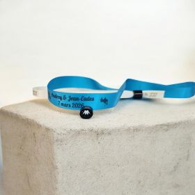 Bracelet satin personnalisé bleu avec prénoms et date pour mariage